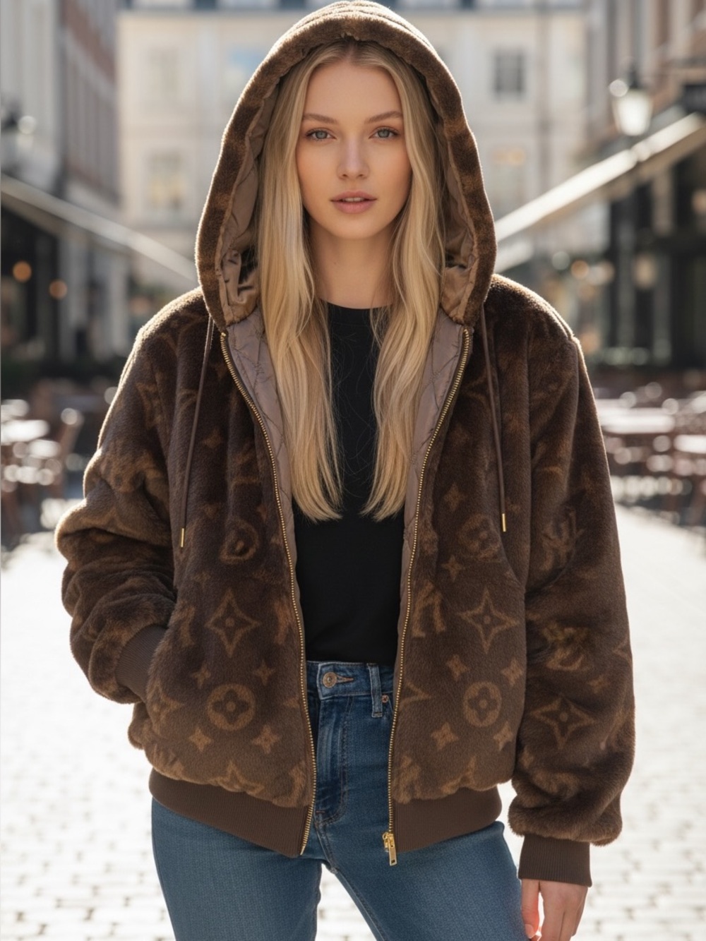 Watson Unisex Luxury Monogram Brown Fur
Hooded Full Zip Jacket